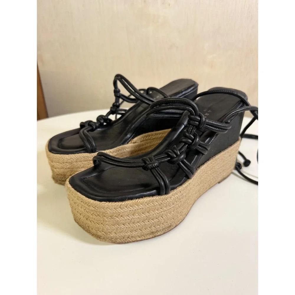 Equitare Espadrille Wedge Womens 37 Black Excellent Lace Up Knotted Spain